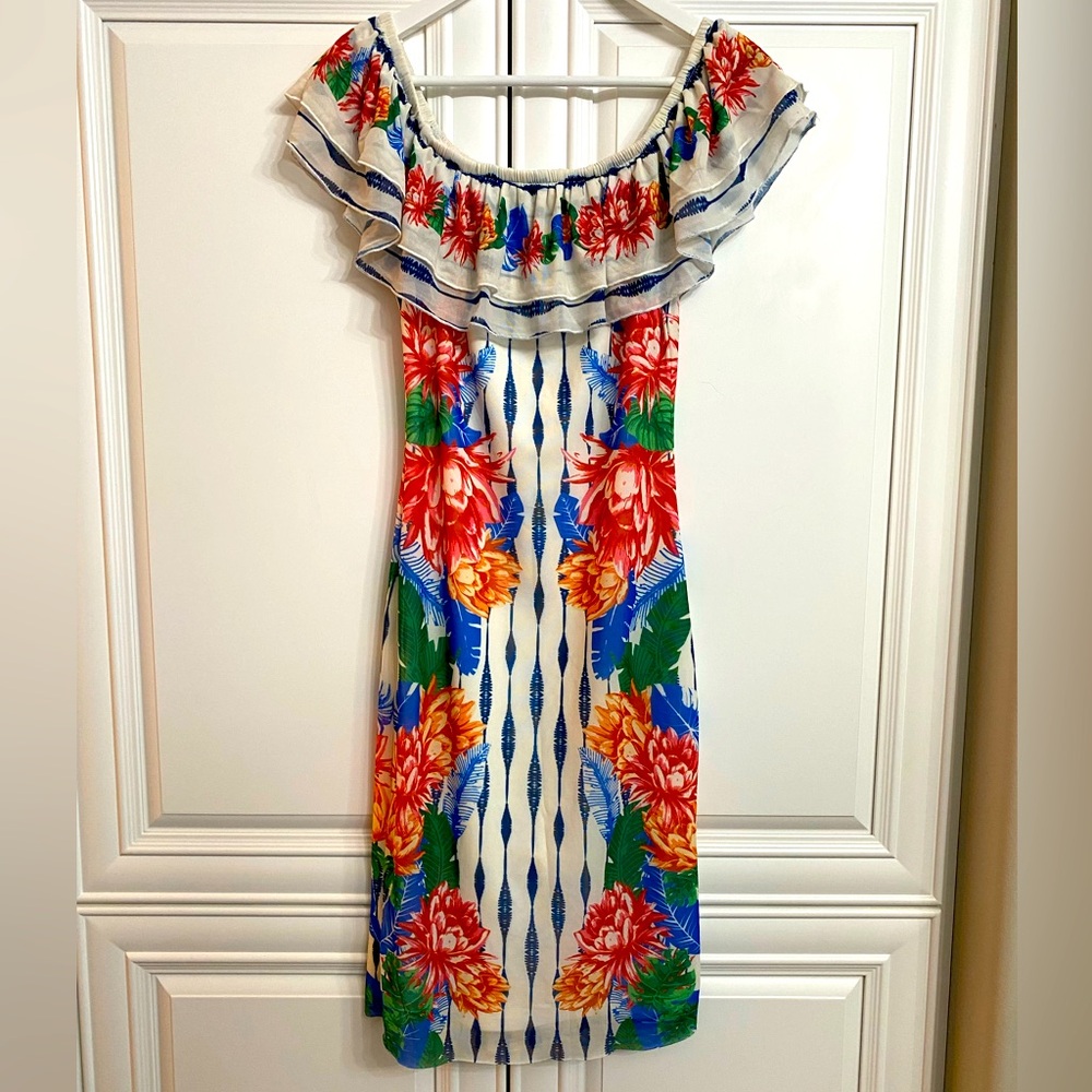 Jealous Tomato Size Medium Ruffled Elastic Neckline Multi Colour Midi Dress